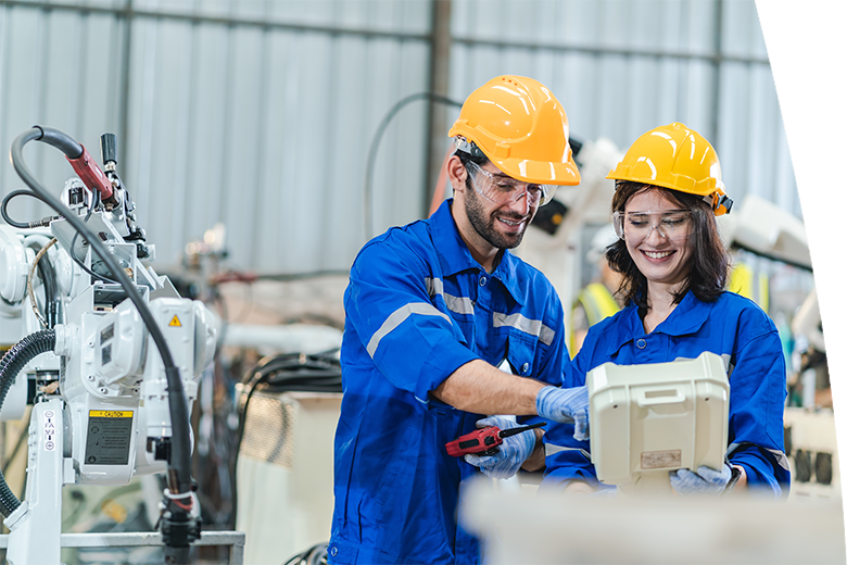 Artificial intelligence robotic technician concept, Factory engineer inspecting on machine with smart tablet.